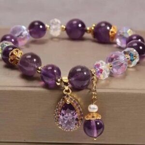 Boho-Chic Amethyst & Zirconia Heart Pendant Bracelet - Polished Natural Crystal
